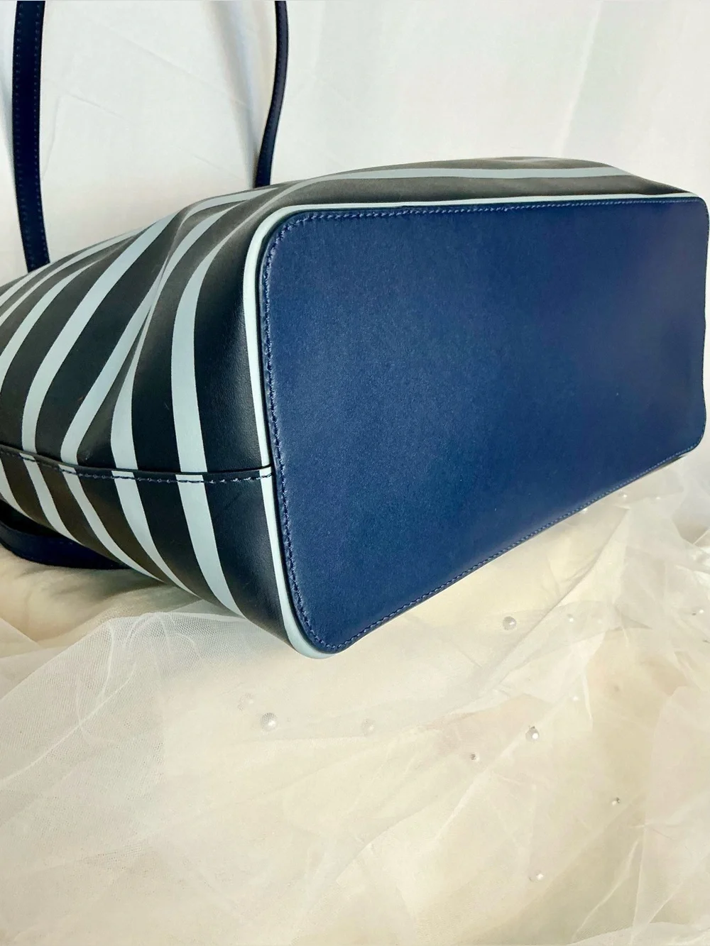 Kate Spade Navy White Stripe Leather Tote Shoulder Bag Large - Picture 5 of 11